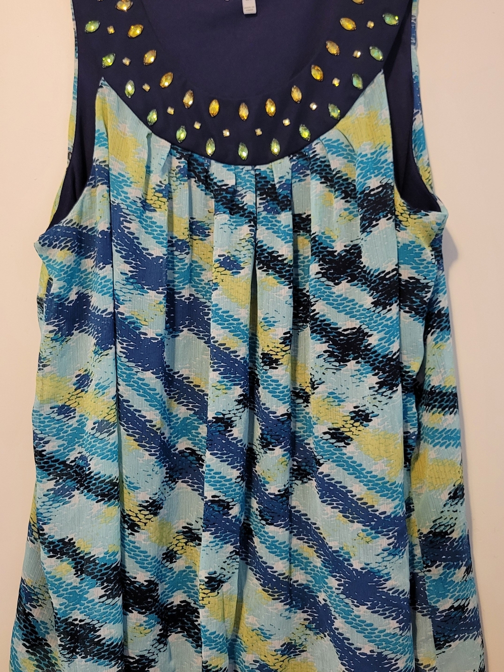 Fashion Bug Navy, Aqua & Yellow Printed Tank with Jeweled Yoke